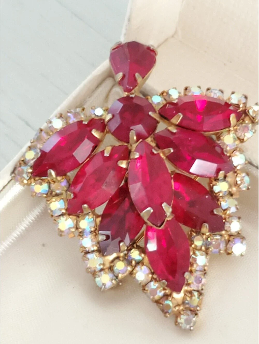 Vintage Red Rhinestones & Aurora Borealis Crystal Brooch